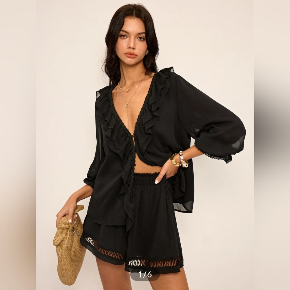 Commense Ruffled Button Chiffon Top and Shorts Set